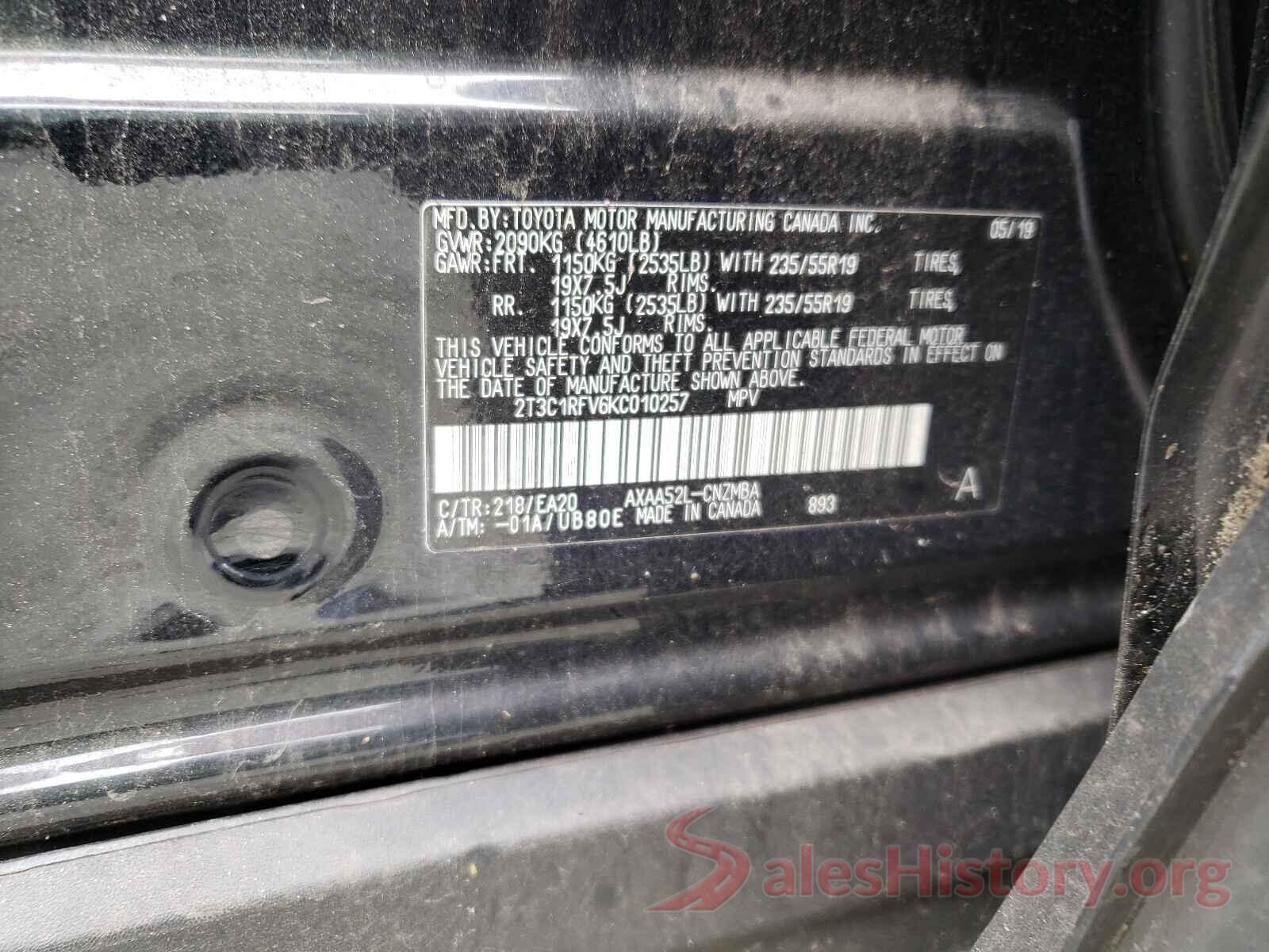 2T3C1RFV6KC010257 2019 TOYOTA RAV4