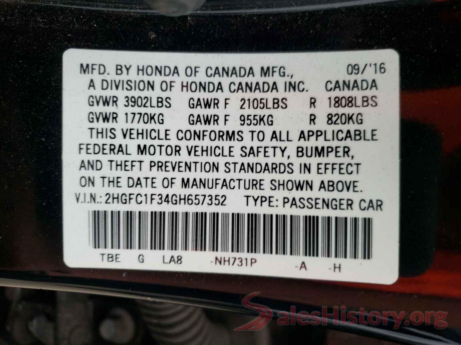 2HGFC1F34GH657352 2016 HONDA CIVIC