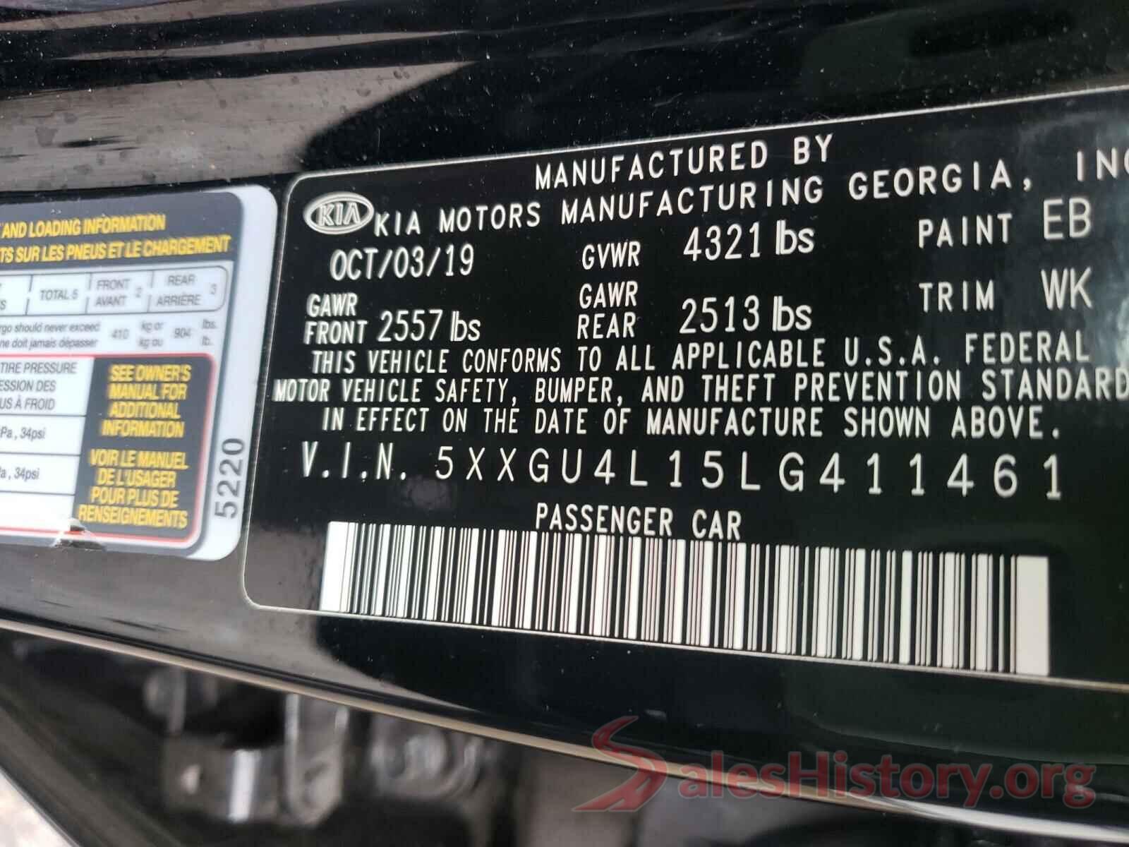 5XXGU4L15LG411461 2020 KIA OPTIMA