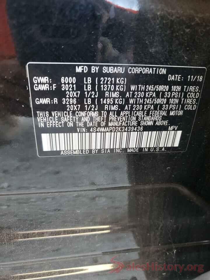 4S4WMAPD2K3439436 2019 SUBARU ASCENT