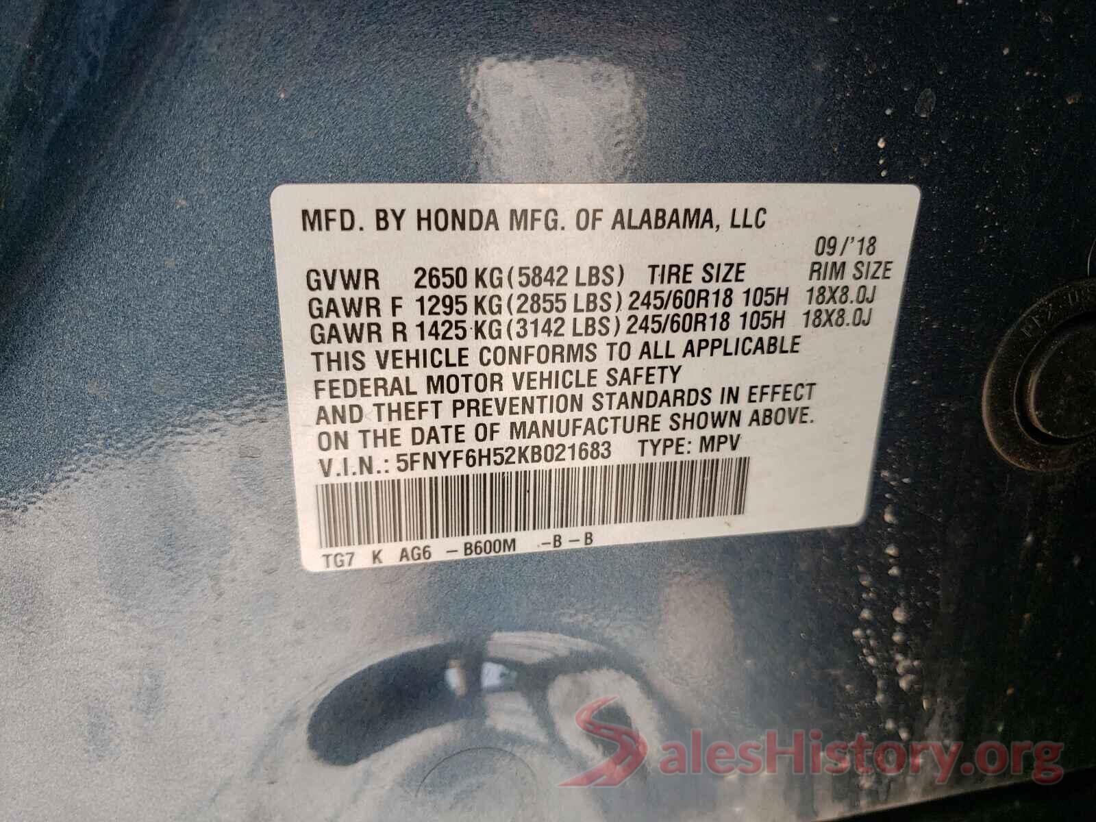 5FNYF6H52KB021683 2019 HONDA PILOT