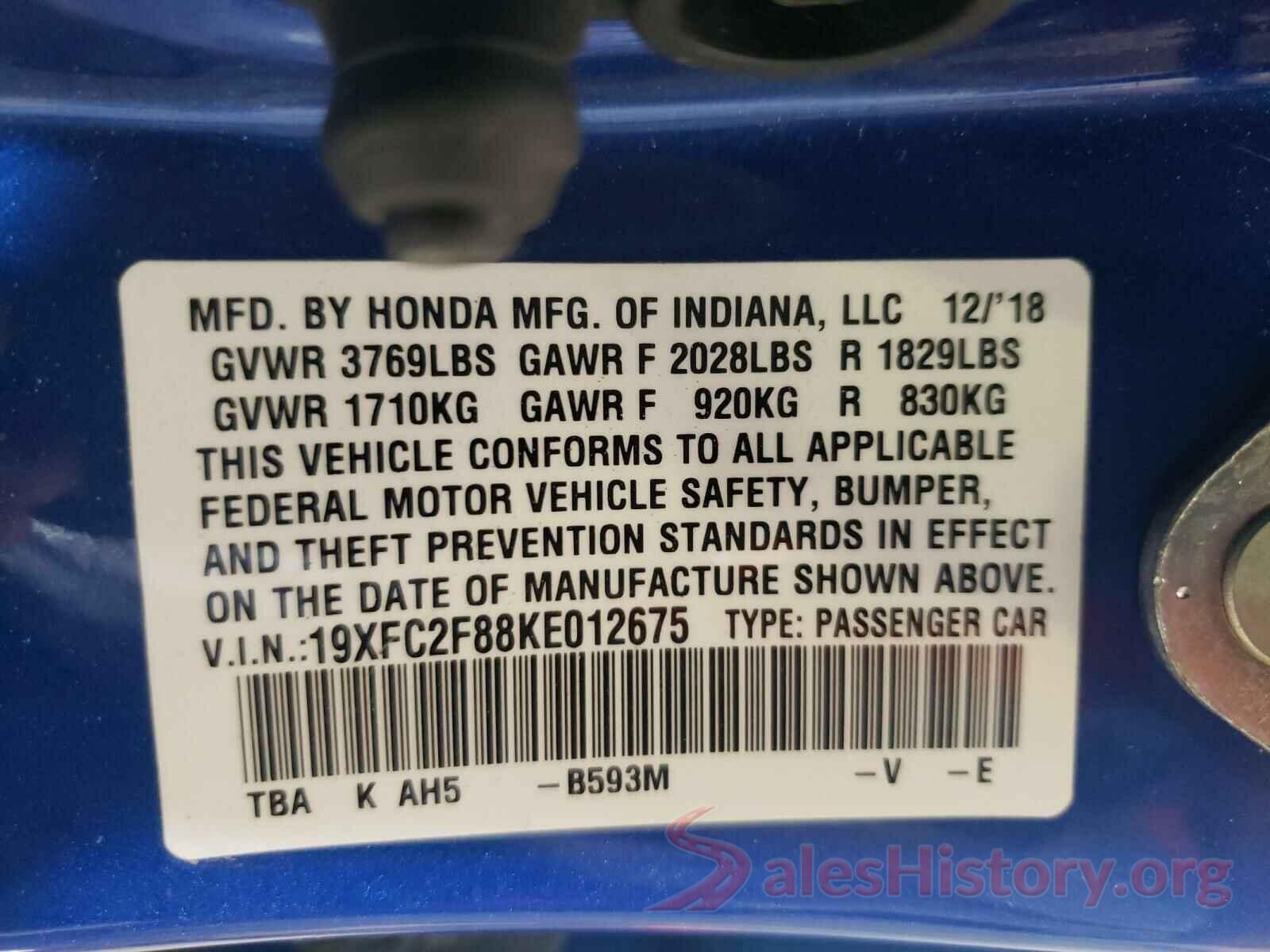 19XFC2F88KE012675 2019 HONDA CIVIC