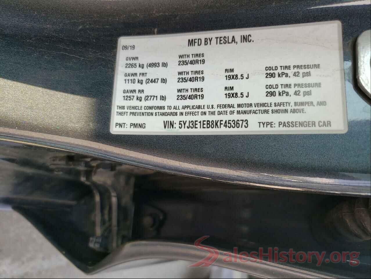 5YJ3E1EB8KF453673 2019 TESLA MODEL 3