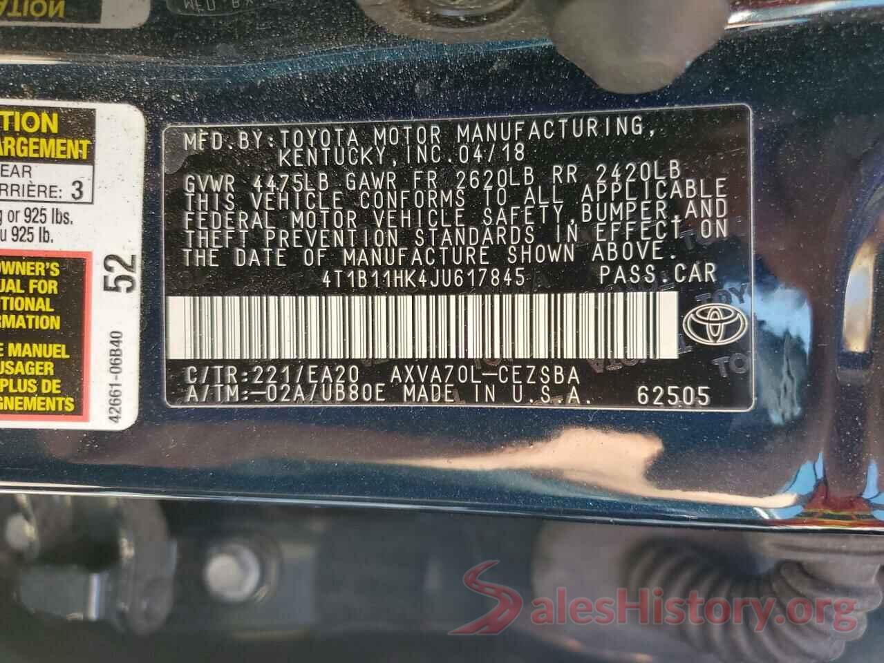 4T1B11HK4JU617845 2018 TOYOTA CAMRY