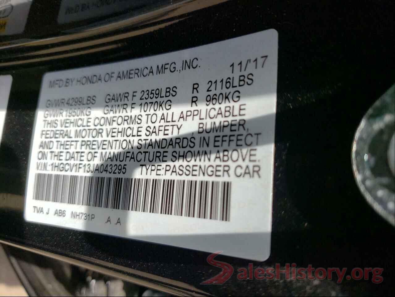 1HGCV1F13JA043295 2018 HONDA ACCORD