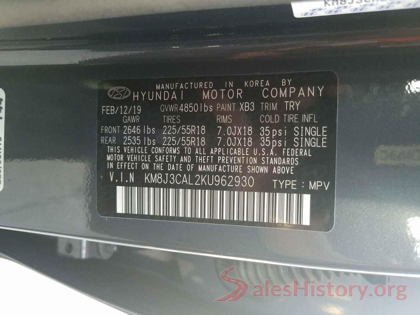 KM8J3CAL2KU962930 2019 HYUNDAI TUCSON