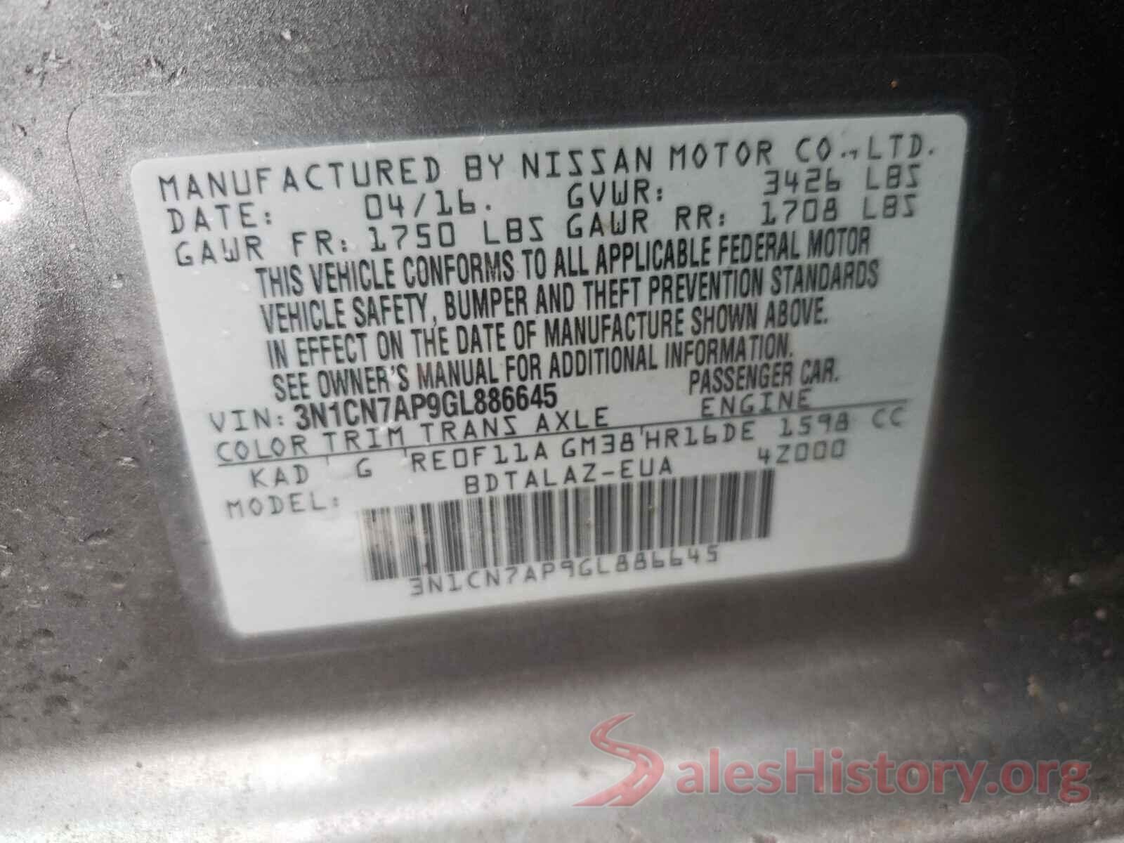 3N1CN7AP9GL886645 2016 NISSAN VERSA