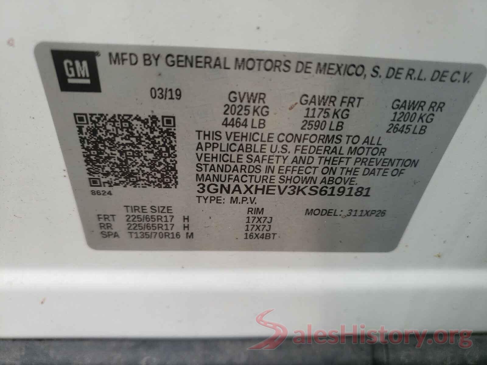 3GNAXHEV3KS619181 2019 CHEVROLET EQUINOX