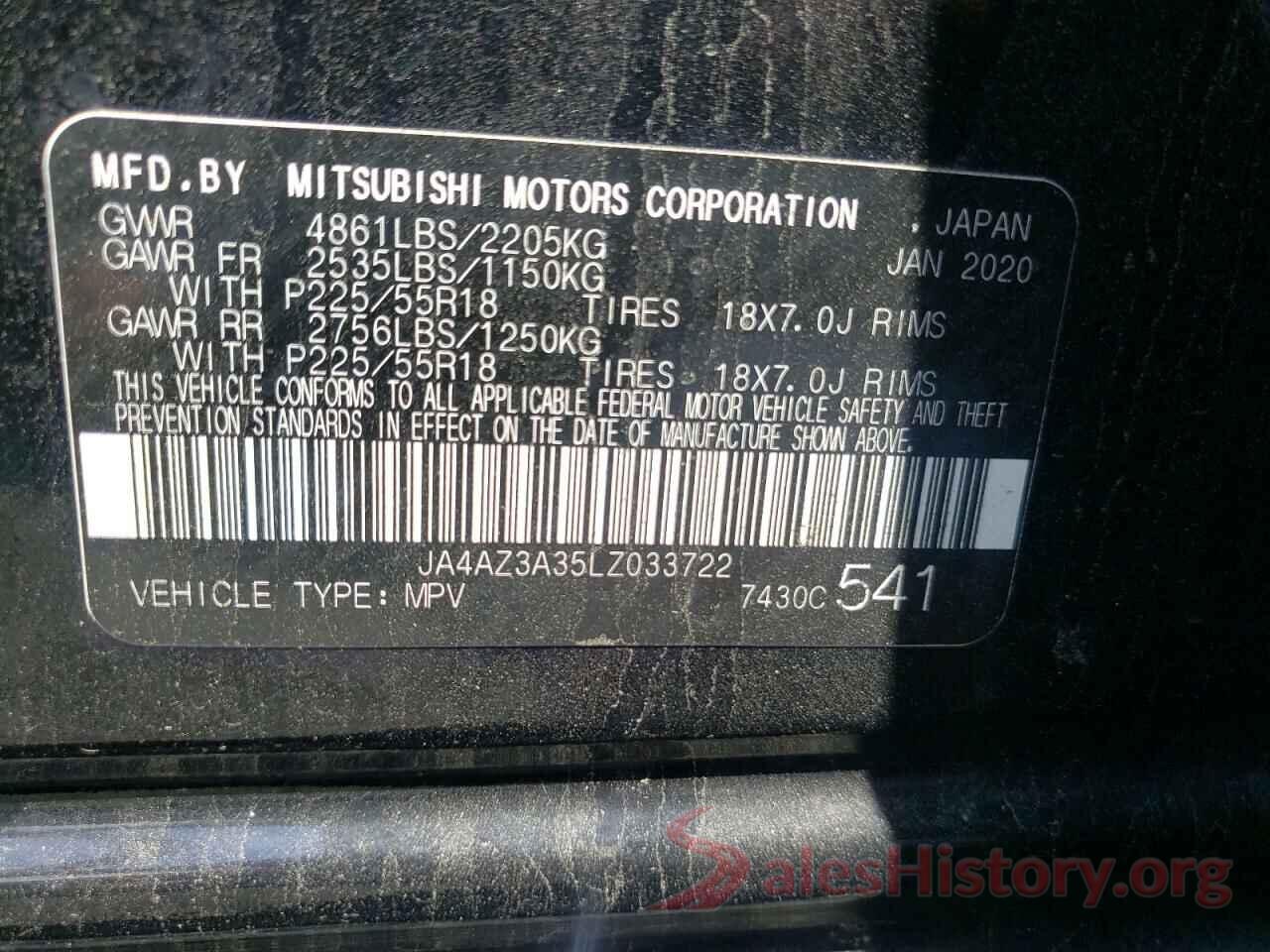 JA4AZ3A35LZ033722 2020 MITSUBISHI OUTLANDER