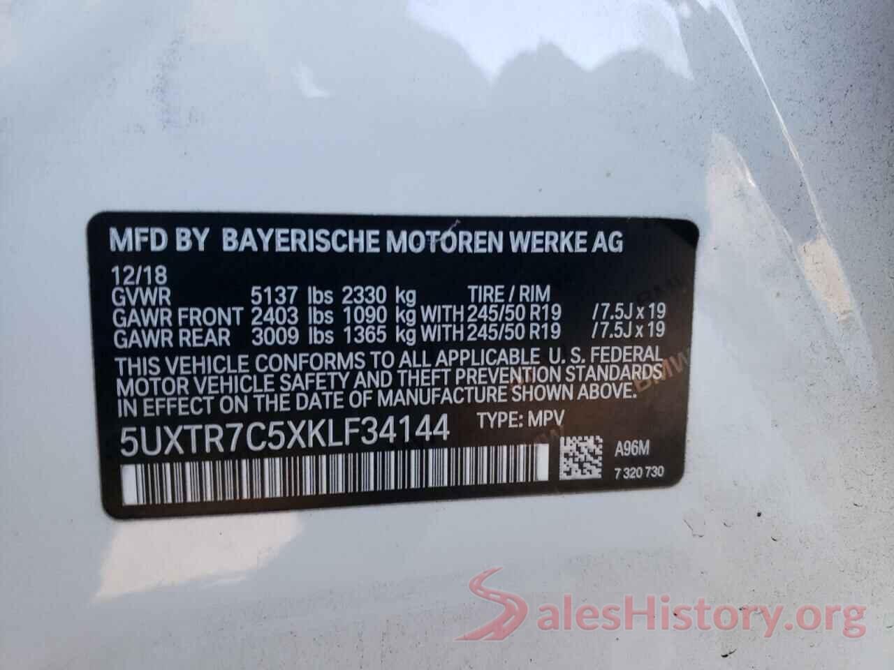 5UXTR7C5XKLF34144 2019 BMW X3