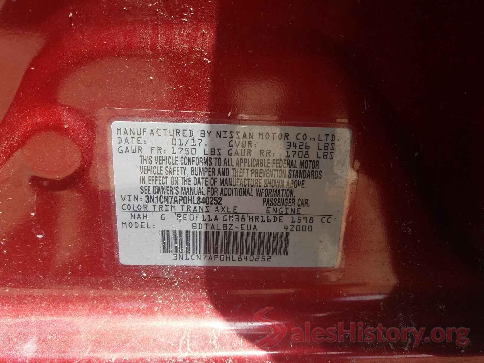 3N1CN7AP0HL840252 2017 NISSAN VERSA