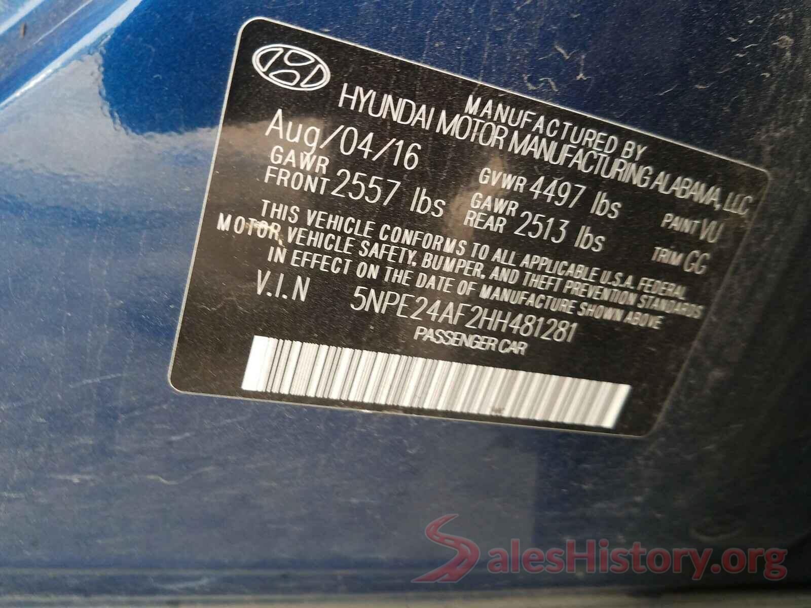 5NPE24AF2HH481281 2017 HYUNDAI SONATA