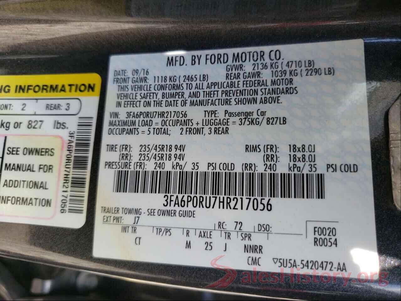 3FA6P0RU7HR217056 2017 FORD FUSION