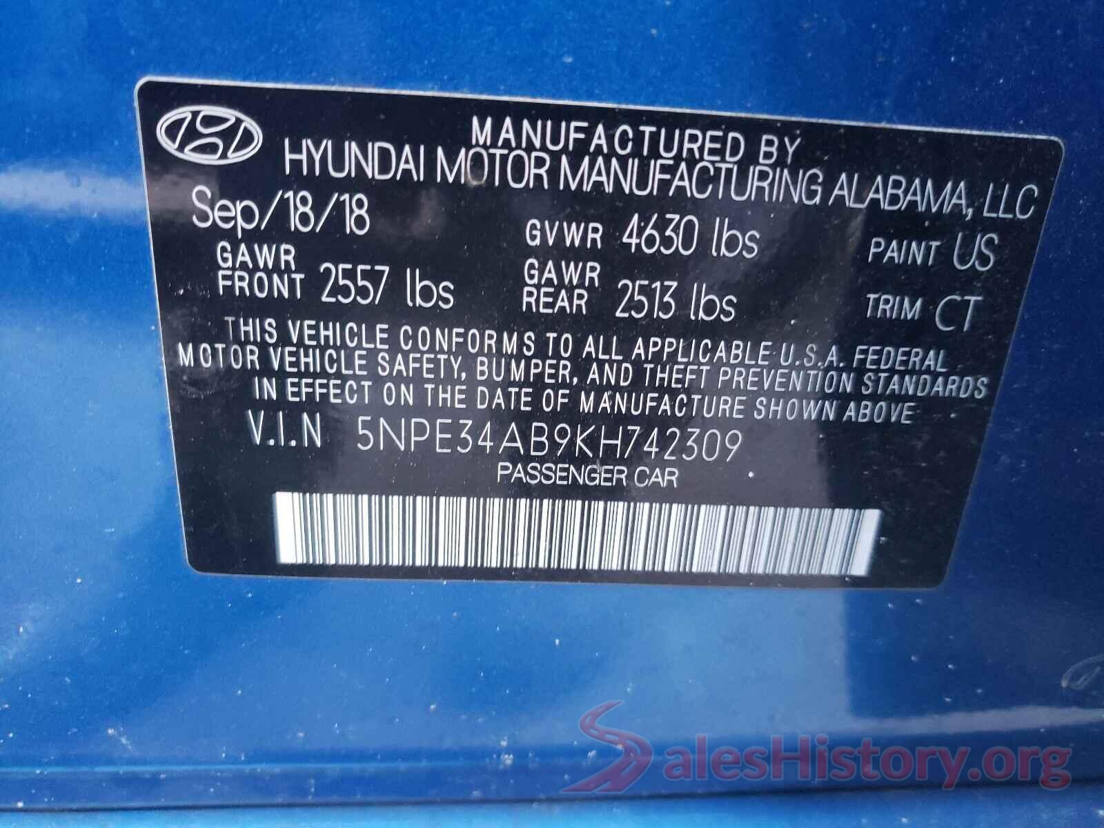 5NPE34AB9KH742309 2019 HYUNDAI SONATA