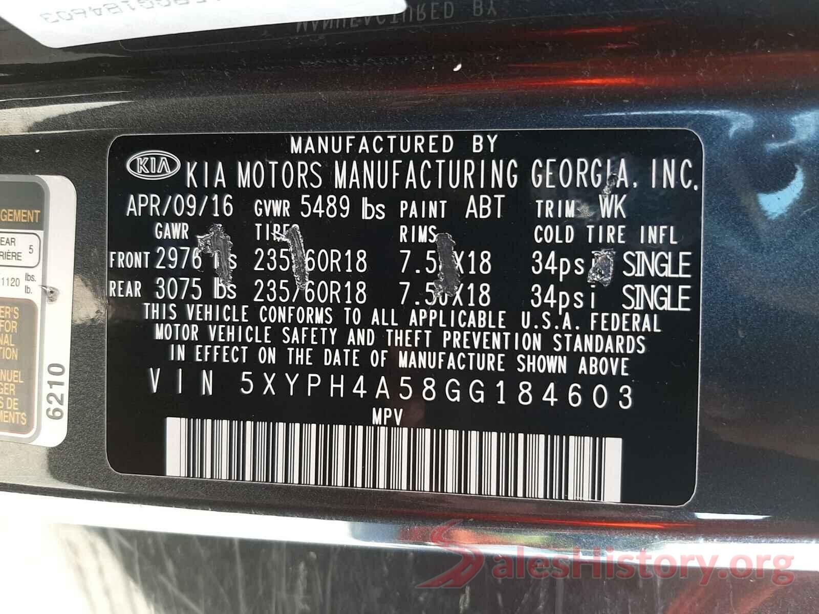 5XYPH4A58GG184603 2016 KIA SORENTO