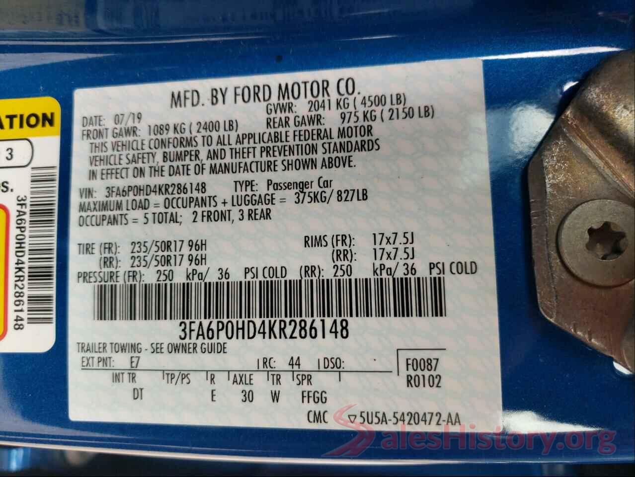 3FA6P0HD4KR286148 2019 FORD FUSION