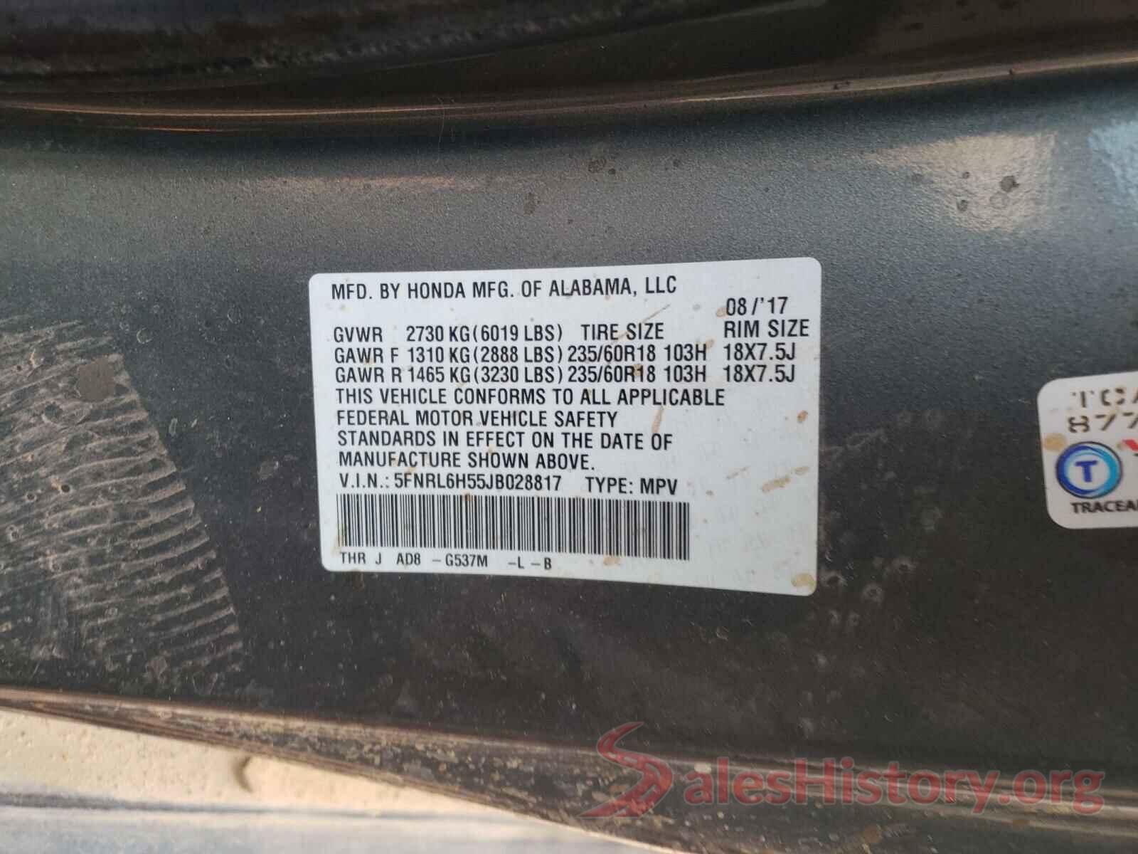 5FNRL6H55JB028817 2018 HONDA ODYSSEY