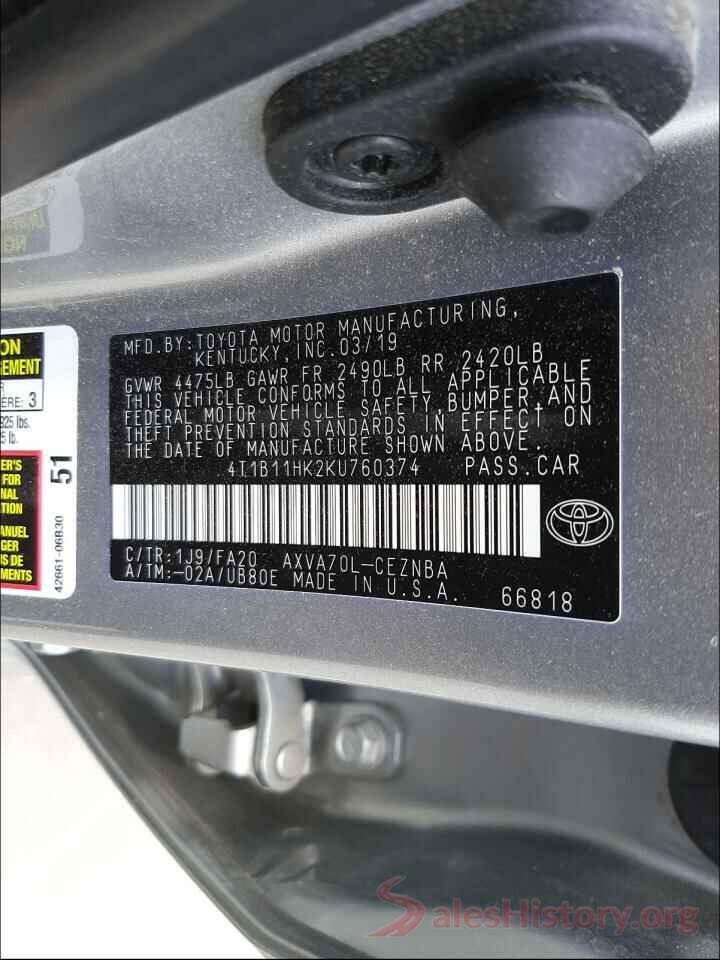 4T1B11HK2KU760374 2019 TOYOTA CAMRY