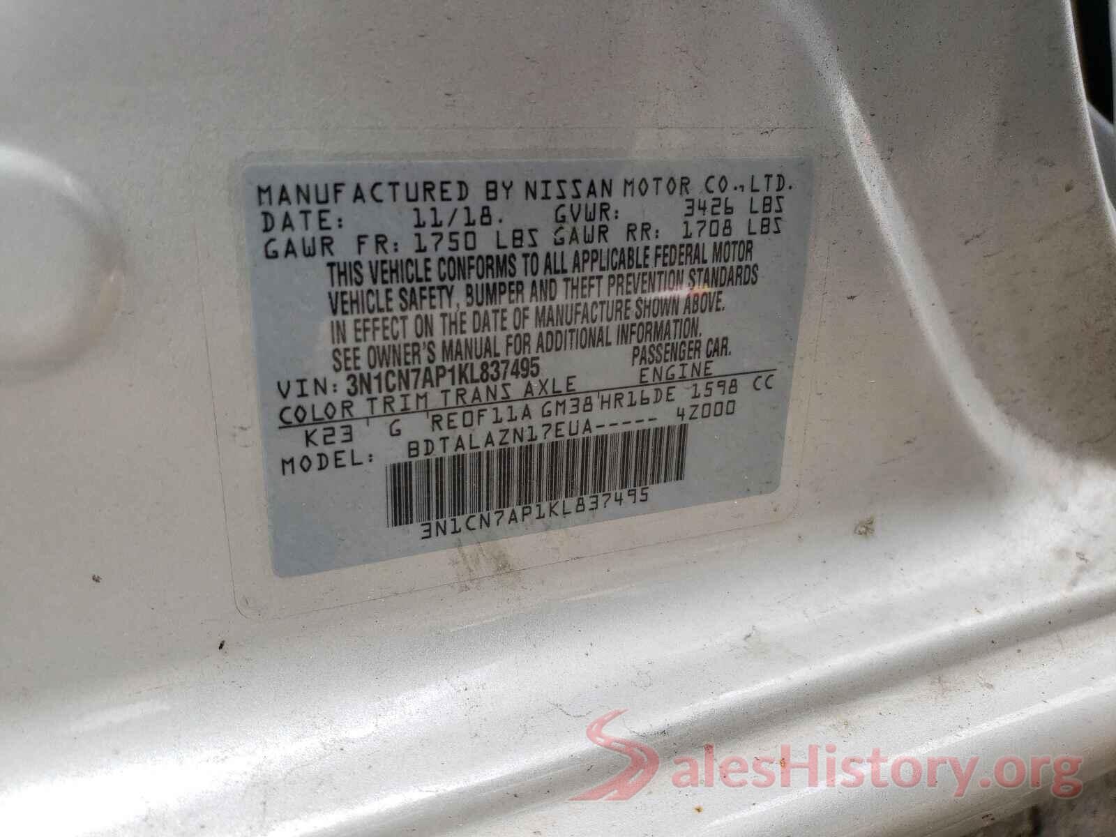 3N1CN7AP1KL837495 2019 NISSAN VERSA