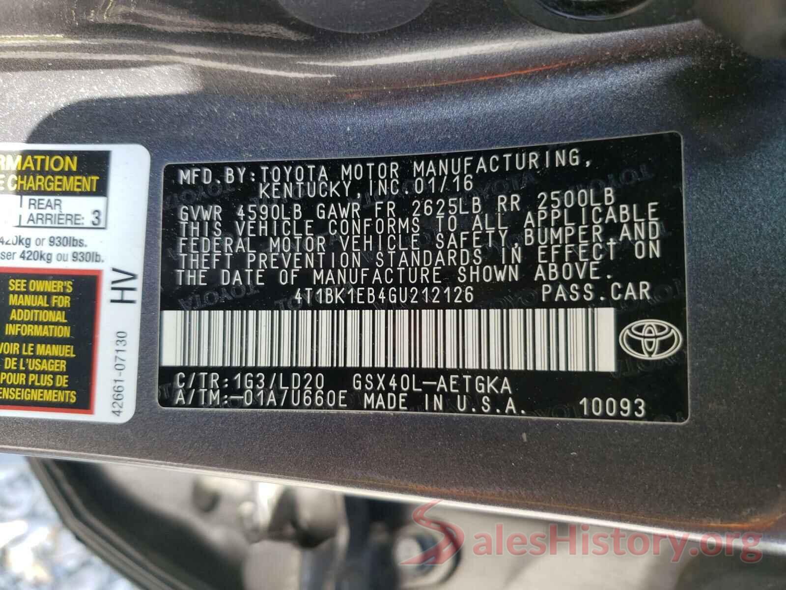 4T1BK1EB4GU212126 2016 TOYOTA AVALON