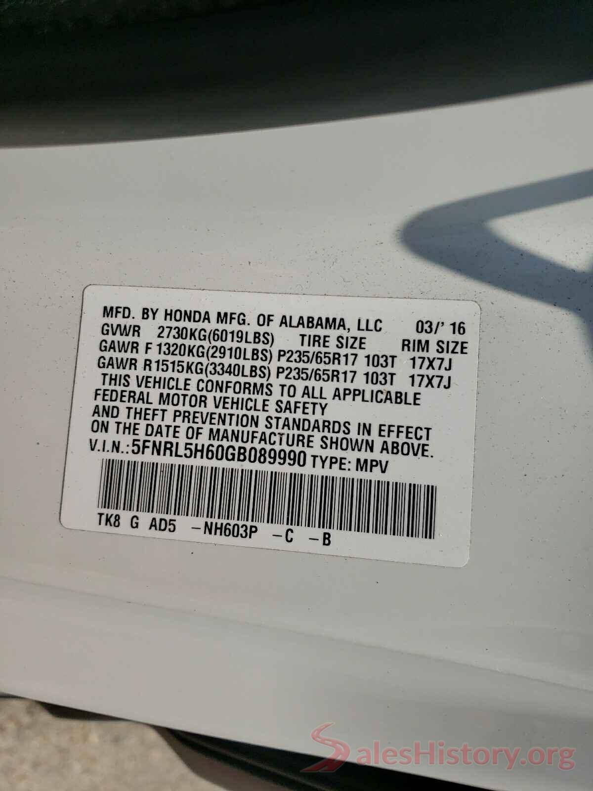 5FNRL5H60GB089990 2016 HONDA ODYSSEY