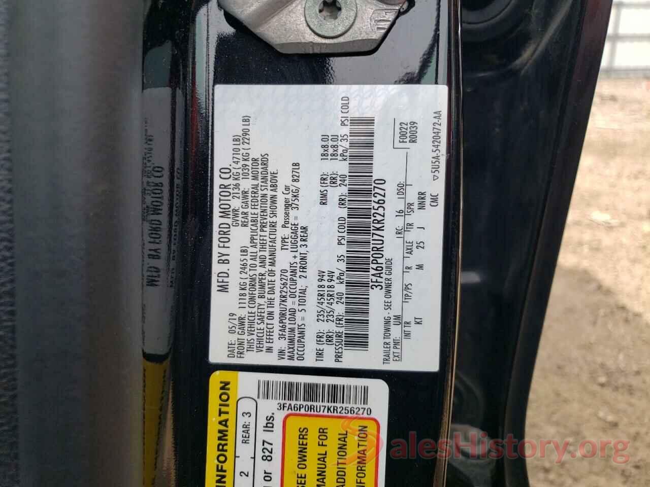 3FA6P0RU7KR256270 2019 FORD FUSION