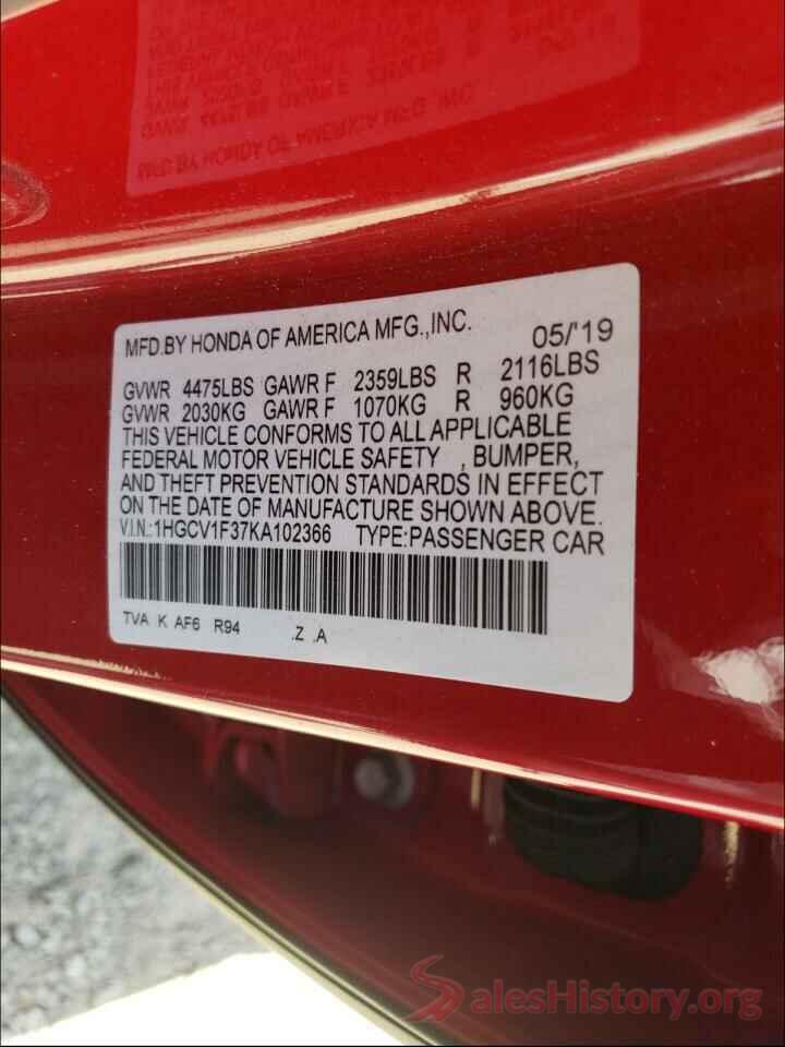 1HGCV1F37KA102366 2019 HONDA ACCORD