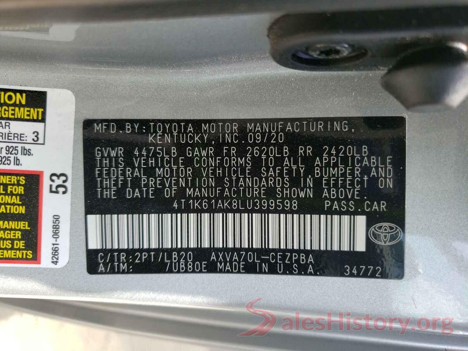 4T1K61AK8LU399598 2020 TOYOTA CAMRY