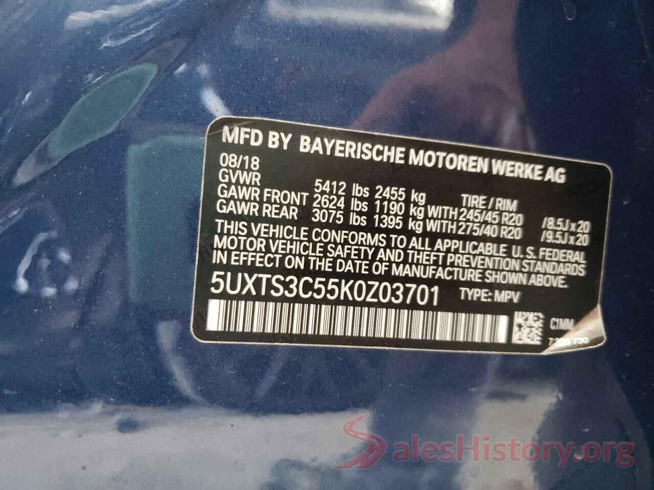 5UXTS3C55K0Z03701 2019 BMW X3