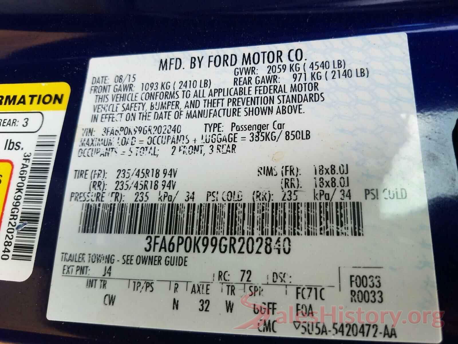 3FA6P0K99GR202840 2016 FORD FUSION