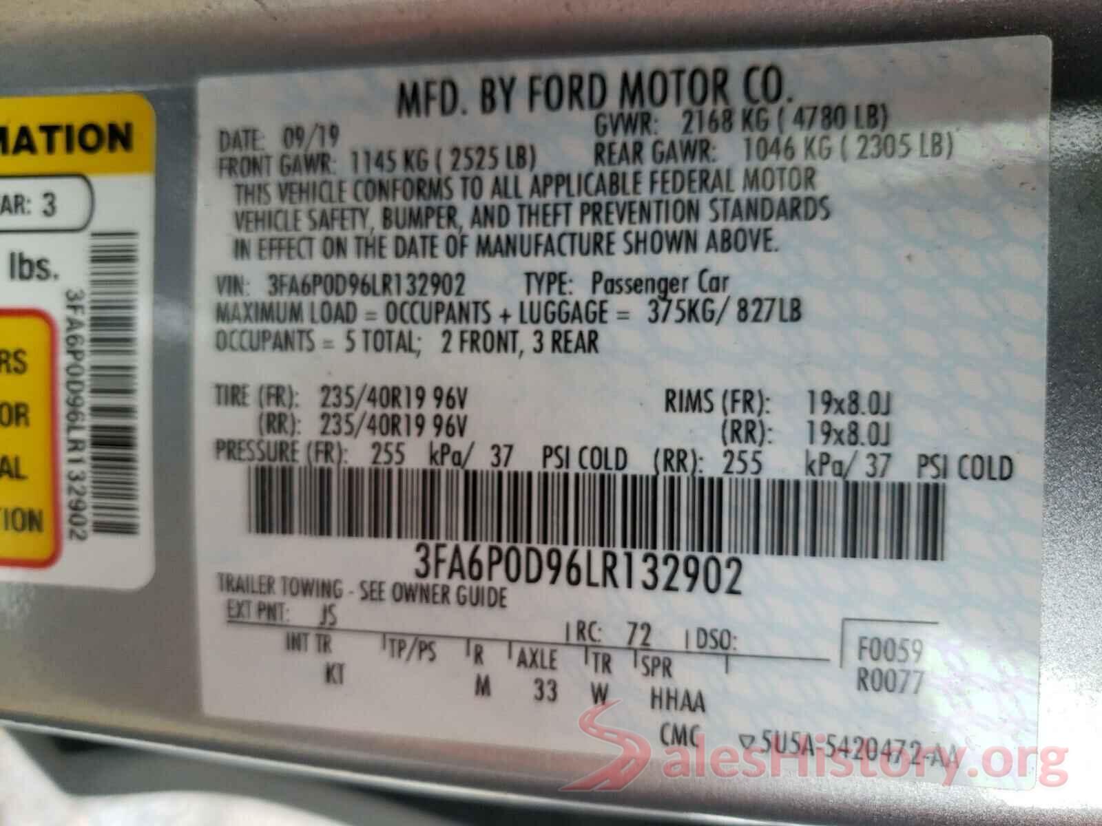 3FA6P0D96LR132902 2020 FORD FUSION