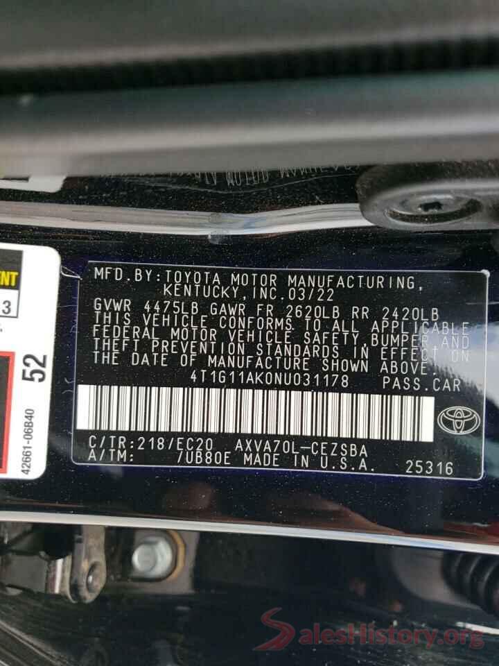 4T1G11AK0NU031178 2022 TOYOTA CAMRY