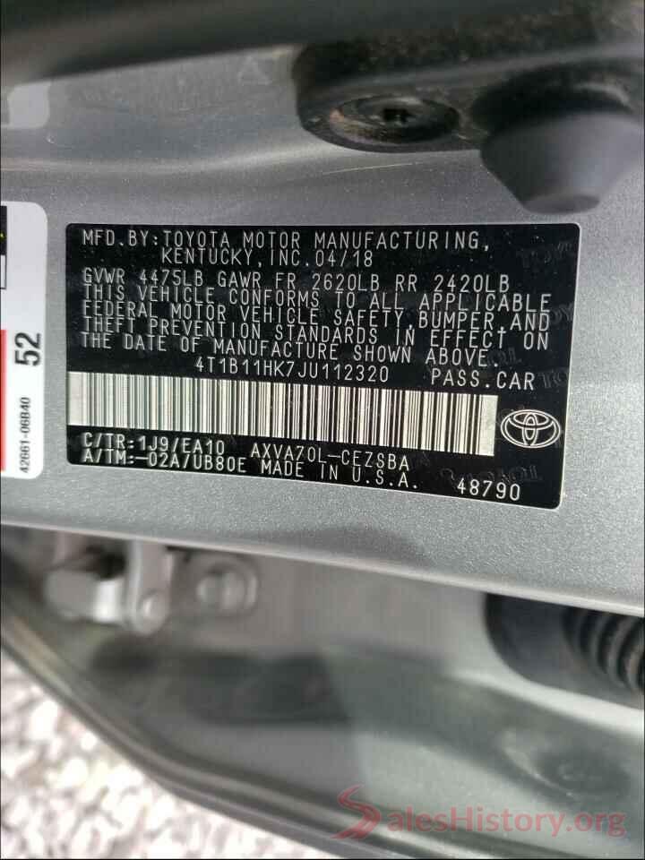 4T1B11HK7JU112320 2018 TOYOTA CAMRY