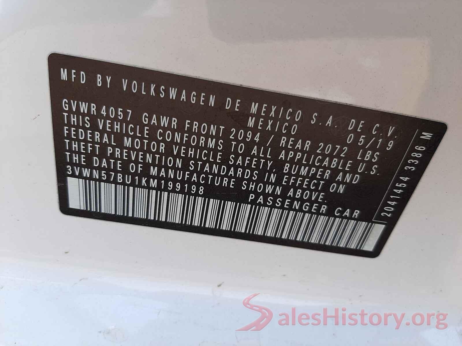 3VWN57BU1KM199198 2019 VOLKSWAGEN JETTA