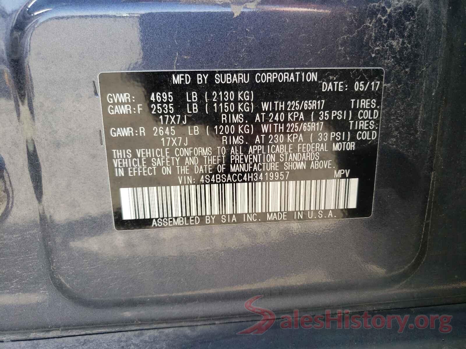 4S4BSACC4H3419957 2017 SUBARU OUTBACK