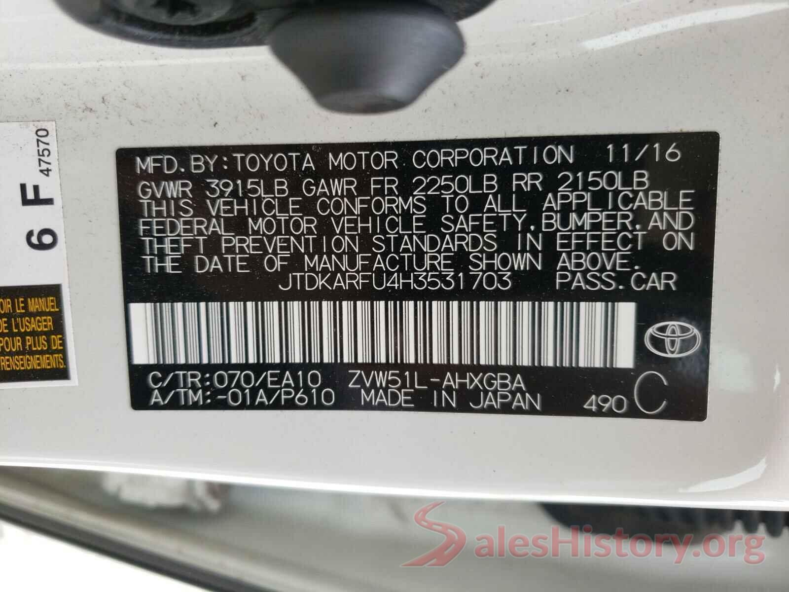 JTDKARFU4H3531703 2017 TOYOTA PRIUS