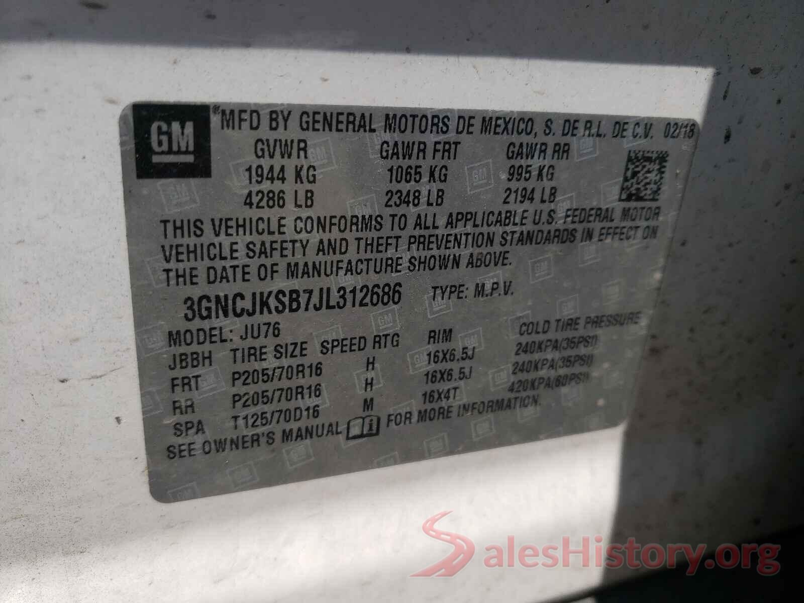 3GNCJKSB7JL312686 2018 CHEVROLET TRAX