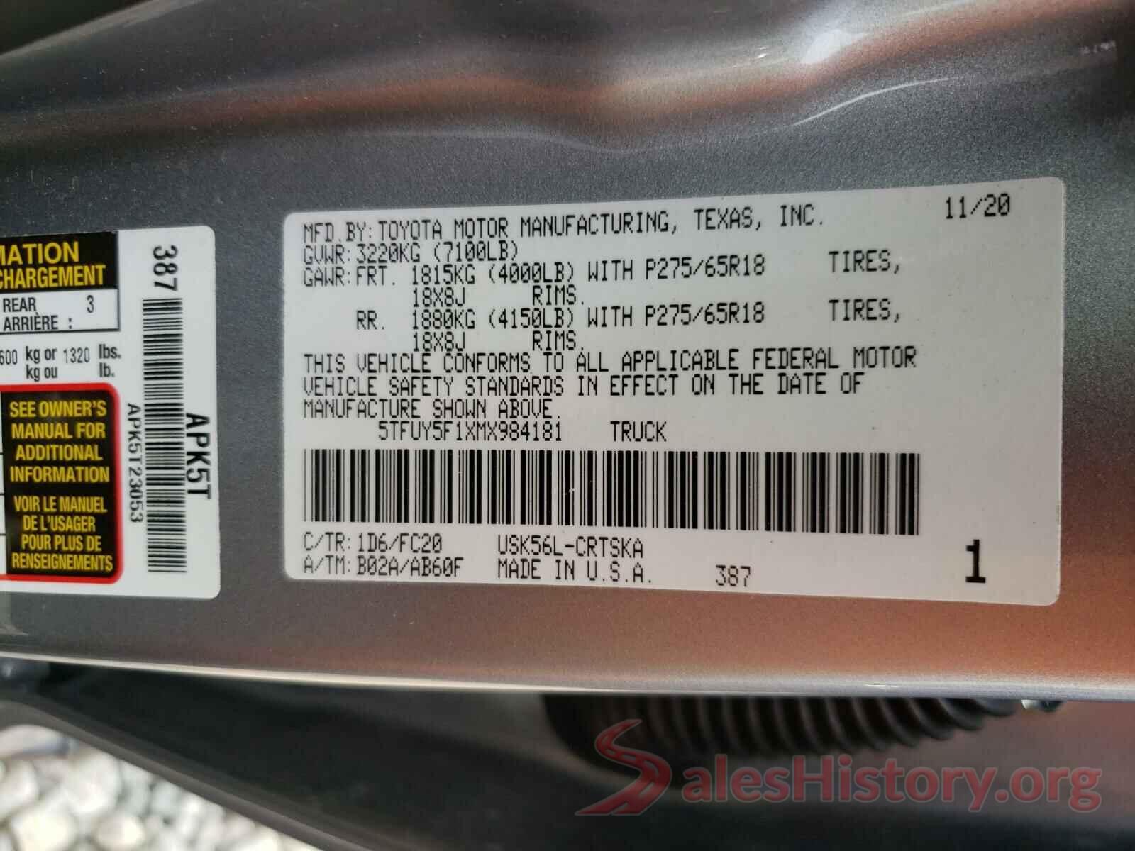 5TFUY5F1XMX984181 2021 TOYOTA TUNDRA