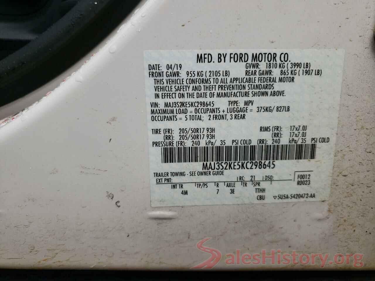 MAJ3S2KE5KC298645 2019 FORD ECOSPORT