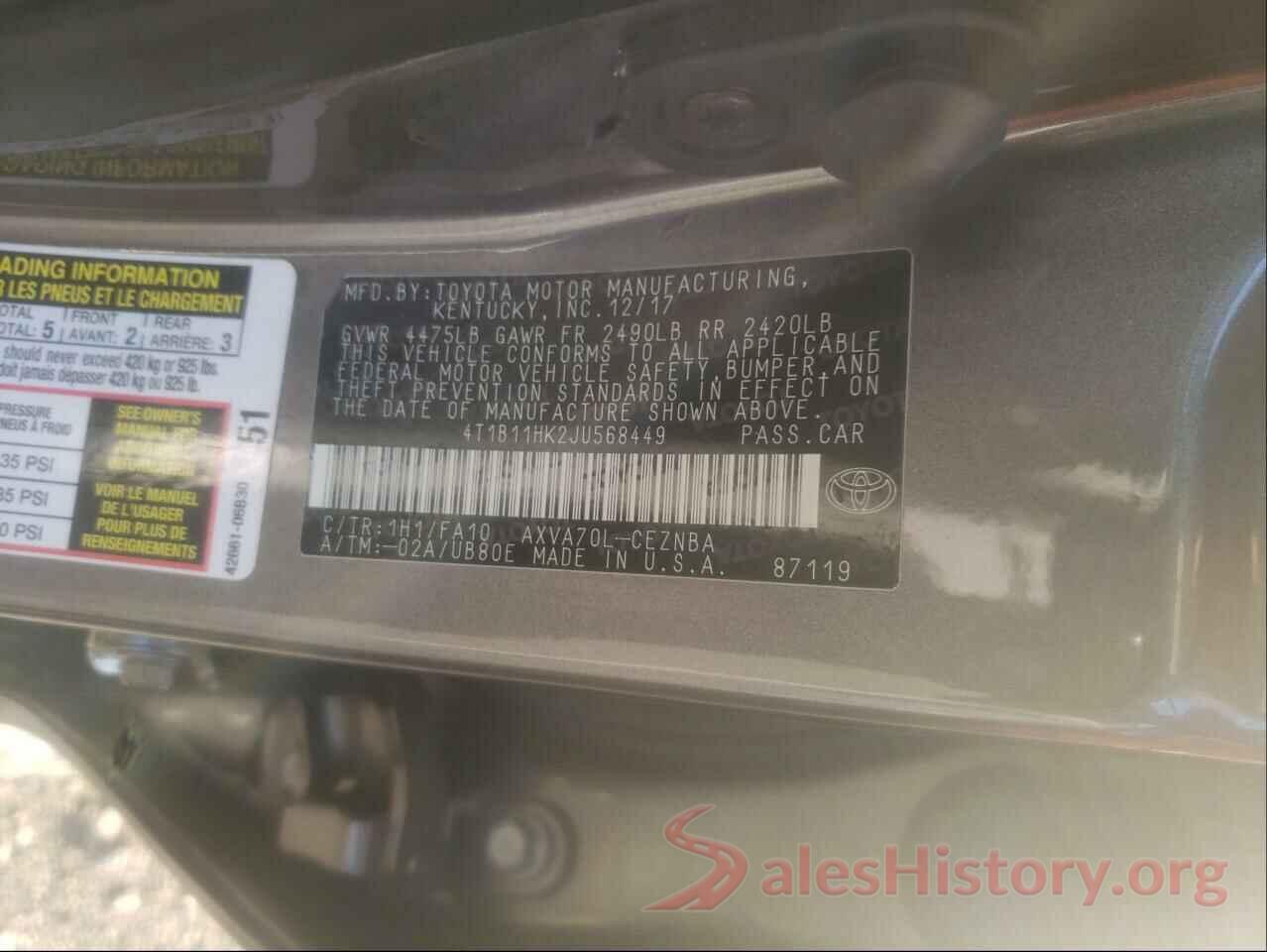 4T1B11HK2JU568449 2018 TOYOTA CAMRY