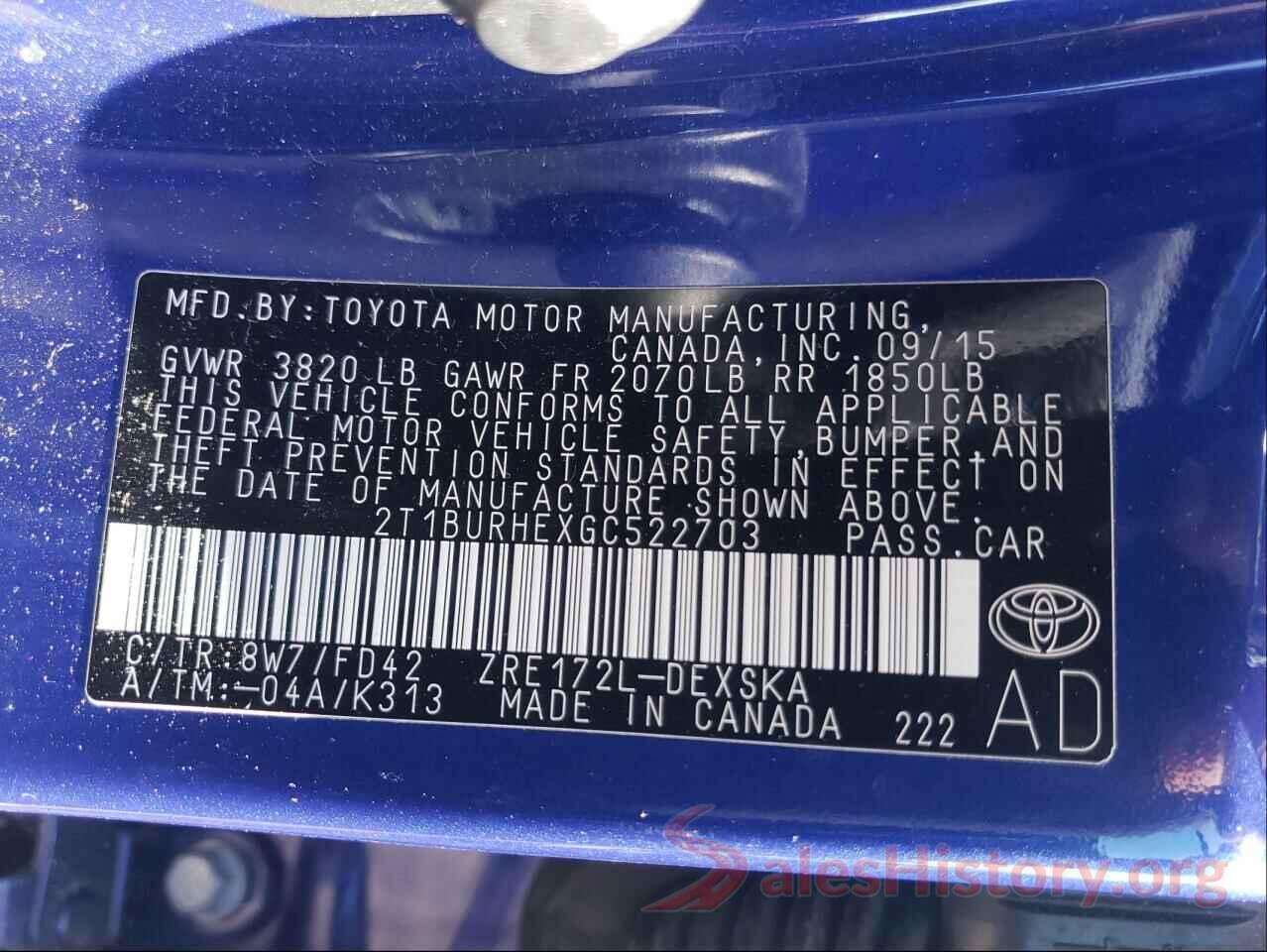 2T1BURHEXGC522703 2016 TOYOTA COROLLA