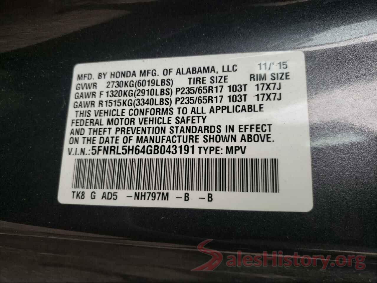 5FNRL5H64GB043191 2016 HONDA ODYSSEY