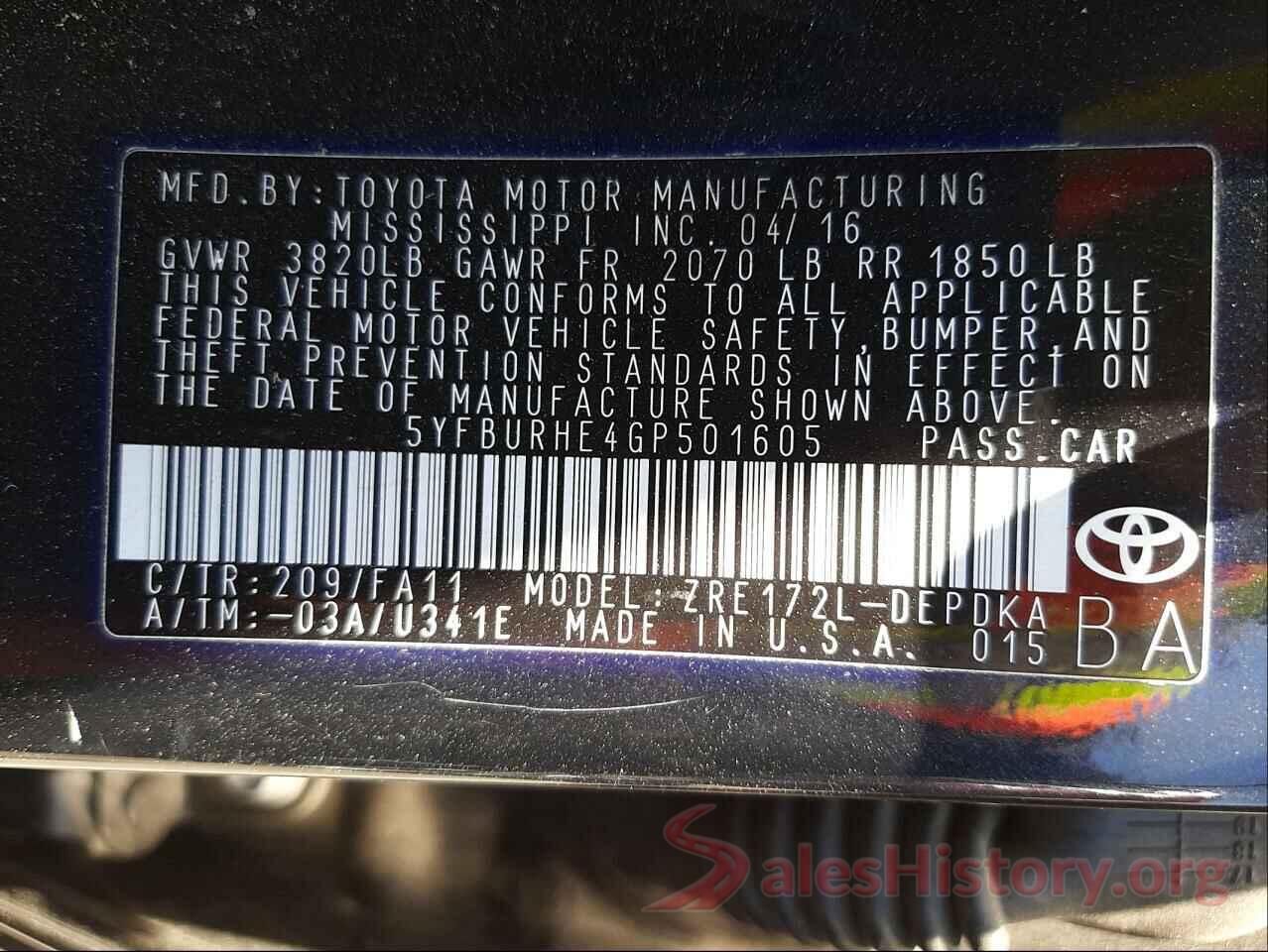 5YFBURHE4GP501605 2016 TOYOTA COROLLA