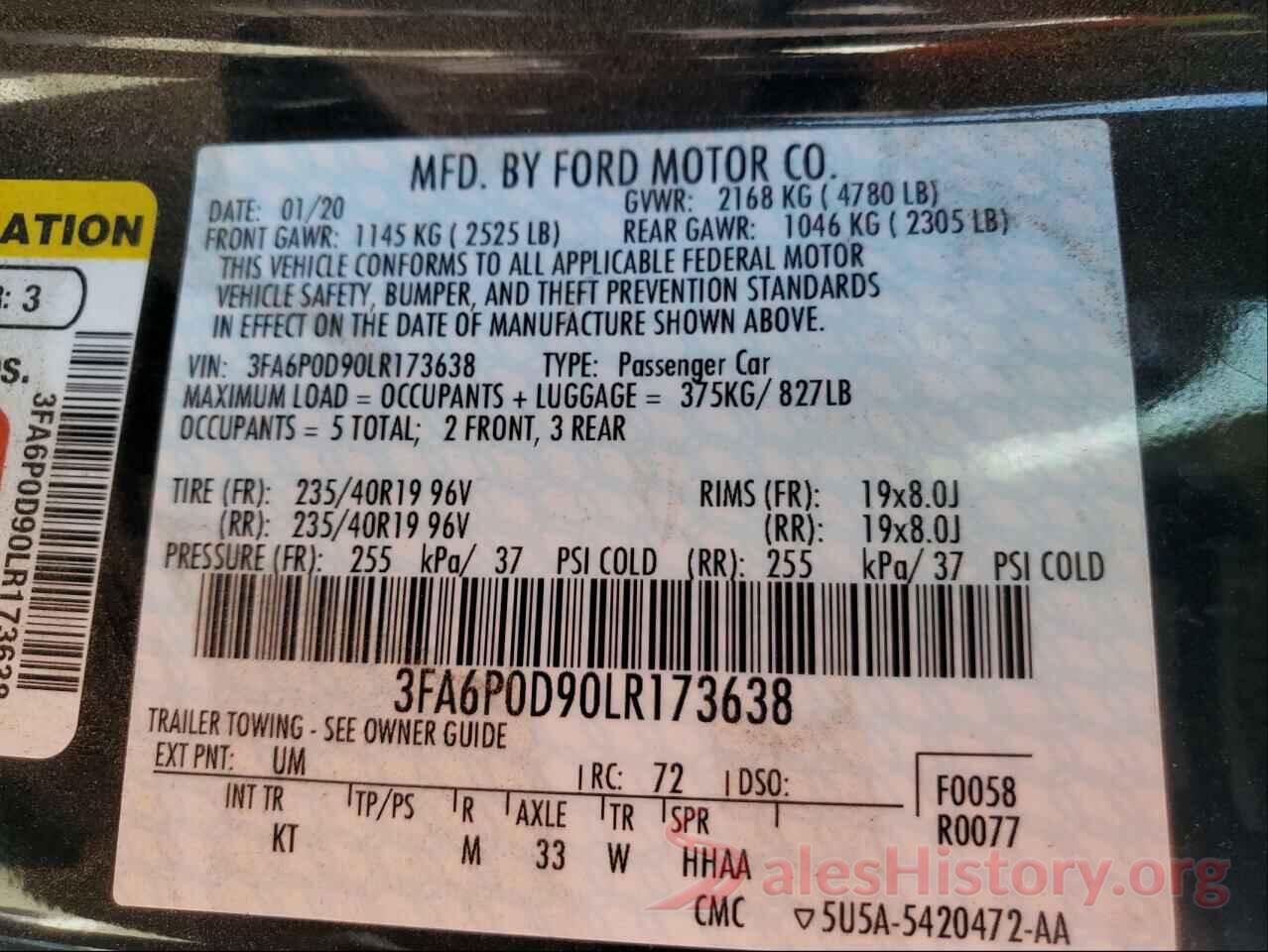 3FA6P0D90LR173638 2020 FORD FUSION