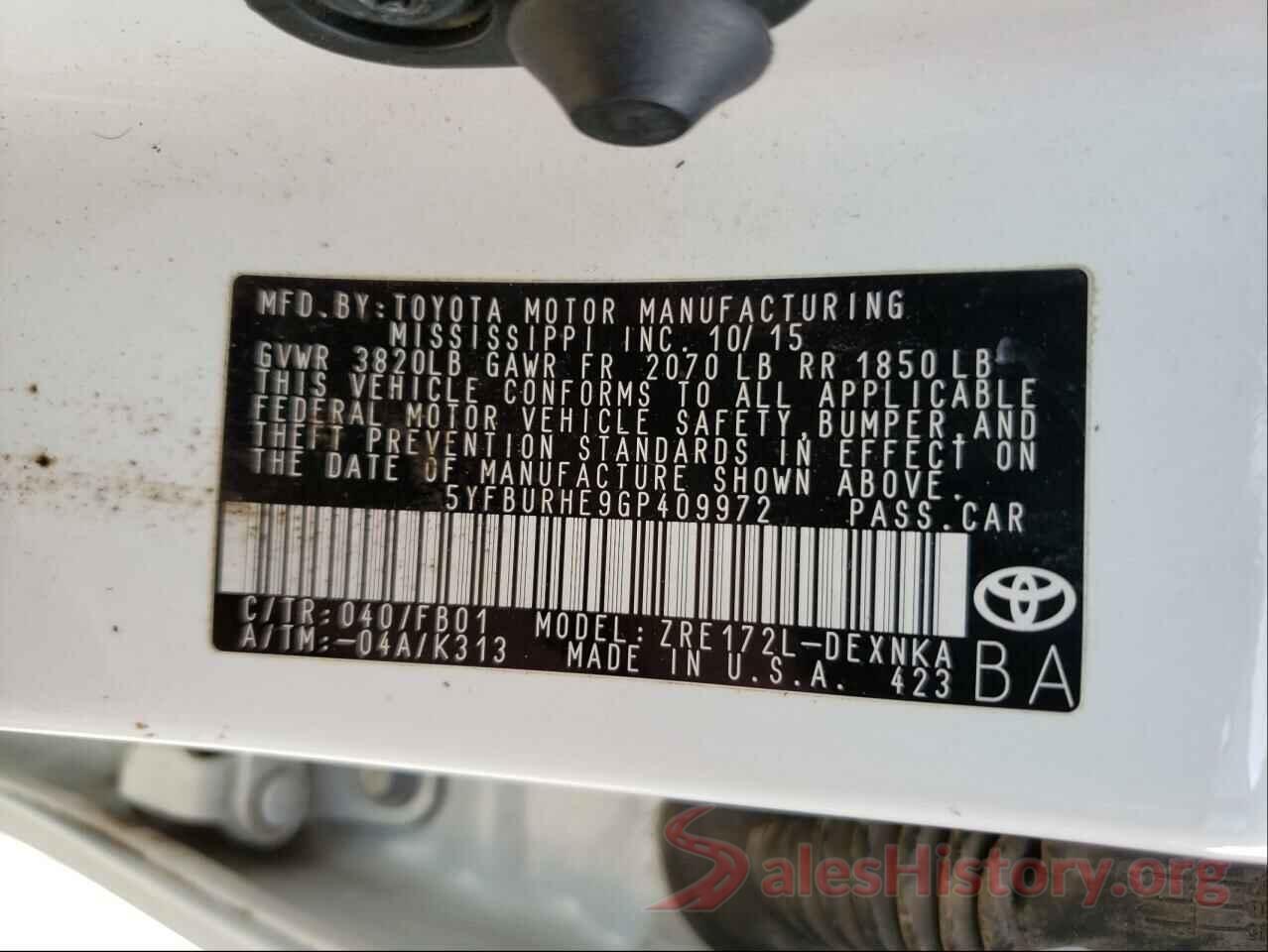 5YFBURHE9GP409972 2016 TOYOTA COROLLA