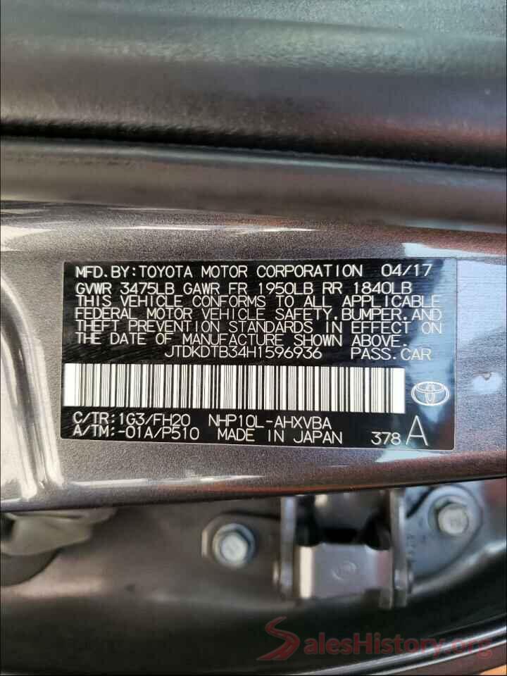 JTDKDTB34H1596936 2017 TOYOTA PRIUS