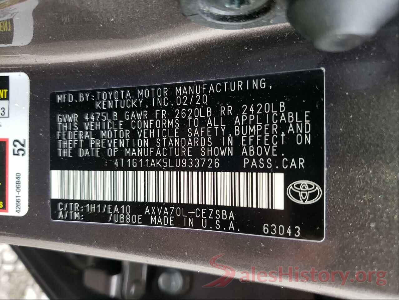 4T1G11AK5LU933726 2020 TOYOTA CAMRY