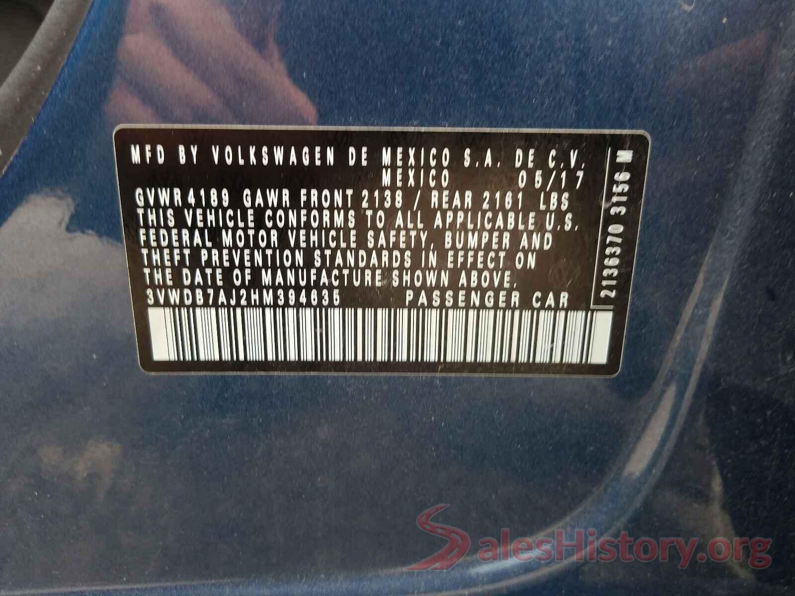 3VWDB7AJ2HM394635 2017 VOLKSWAGEN JETTA