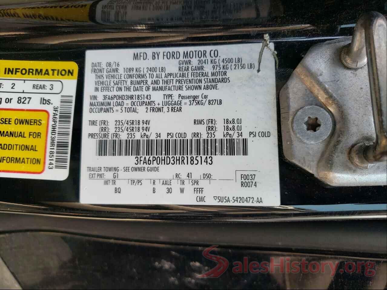 3FA6P0HD3HR185143 2017 FORD FUSION