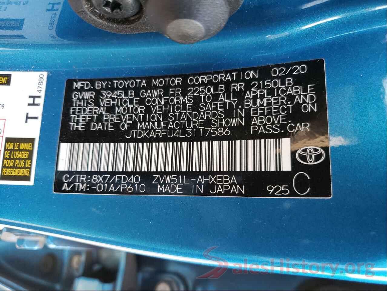 JTDKARFU4L3117586 2020 TOYOTA PRIUS